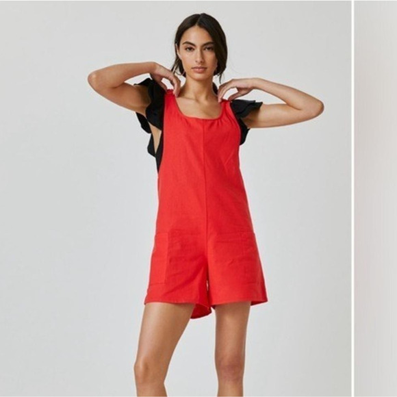 Anthropologie Corey Lynn Calter Adeline Romper Coral Red Linen medium - Picture 1 of 7